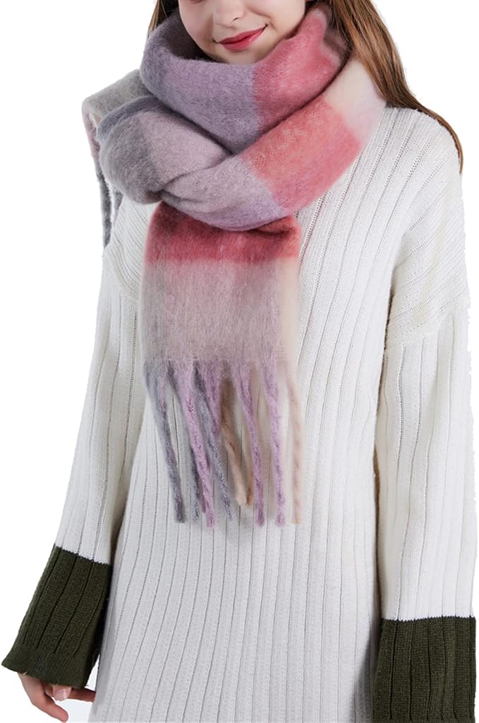 SHOHOKU Large Chunky Plaid Scarf Coloured Checked Oversized Scarf Tassel Soft Fall Winter Thick Warm Shawl Women
