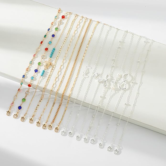 Starain 12Pcs Summer Beach Anklets for Women Waterproof Gold Silver Chain Ankle Bracelets Cute Women's Foot Anklet Set 7.9-10.5 inch Adjustable