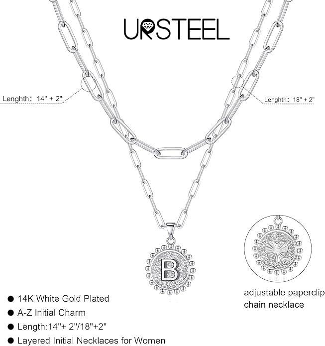 Ursteel Layered Initial Necklaces for Women, 14K-Gold-Plated Dainty Layering Paperclip Chain Necklaces for Women Jewelry