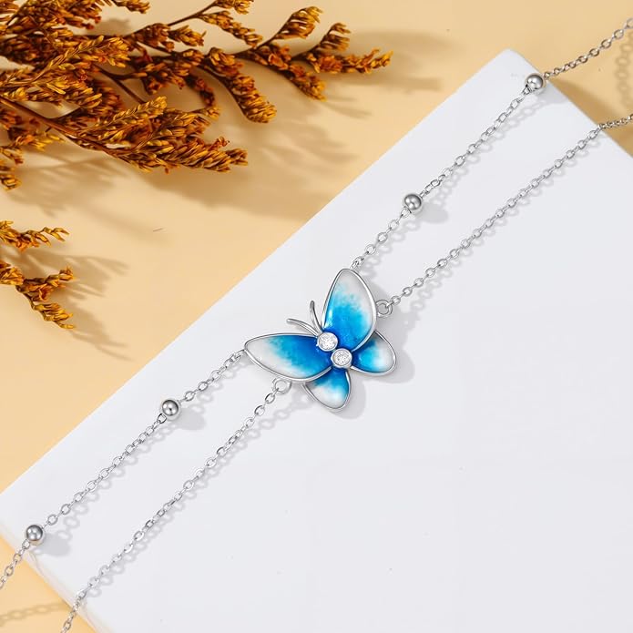 Diamond Butterfly Anklet Sterling Silver, Elegant Adjustable Ankle Bracelet for Women, 925 Silver Hypoallergenic Foot Jewelry Birthday Christmas Gift for Her