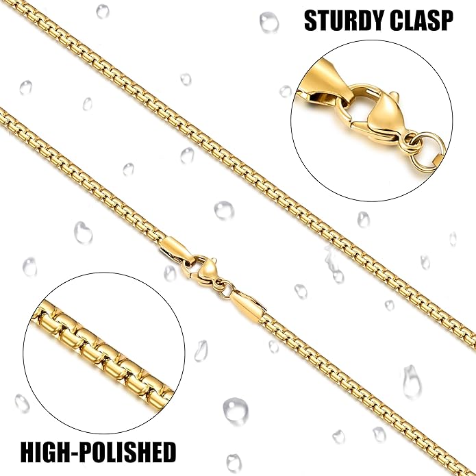 Fiusem Flat Box Chains for Men, 14k Gold Plated Stainless Steel Chain Necklace, 2.5/3/4/4.5/5mm Necklaces for Men and Women 16-28 Inch