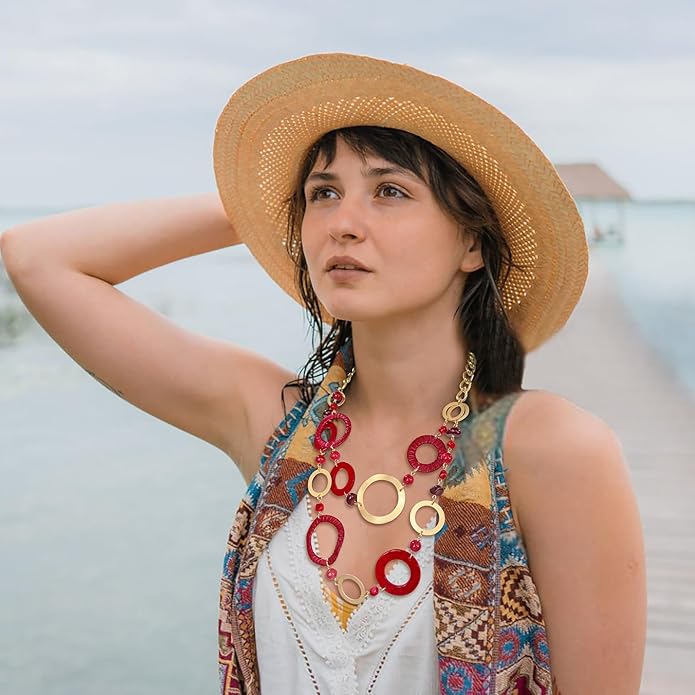 Bocar Layered Collar Necklace Statement Circle 2 Strand Chain Jewelry Necklaces Trendy for Women Gift