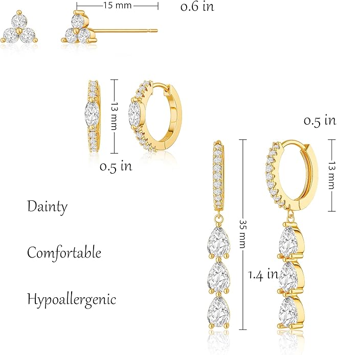 3 Pairs Earrings Set for Multiple Piercings, Gold Plated Studs Hoop Earrings Stack, CZ Dangle Earrings Set, Hypoallergenic for Sensitive Ears, Women's Gift