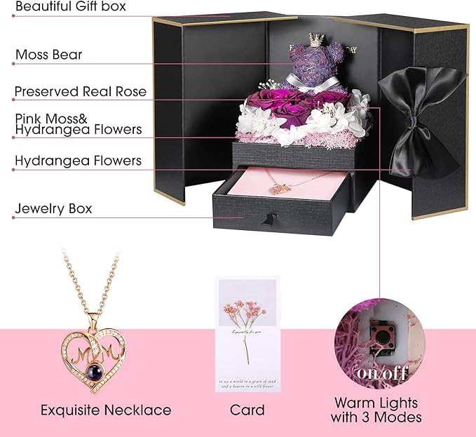 ADDWel Gifts for Mom from Daughter and Son, Unique Mother Birthday Idea, Preserved Real Roses with I Love You in 100 Languages Mom Necklace, Cool Xmas Present to Mother Mama
