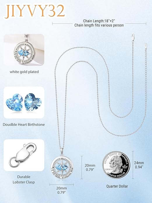 Compass Birthstones Necklace for Women, Exquisite Anniversary Birthday Gifts for Wife Her Double Birthstone Pendant jewelry ‘I'd be Lost Without You’