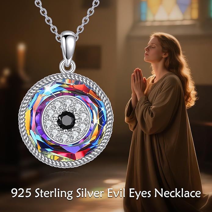 YFN Evil Eye Pendant Necklace for Women 925 Sterling Silver Greek Protection Jewelry with Blue Sapphire and Black Cz Amulet Gift