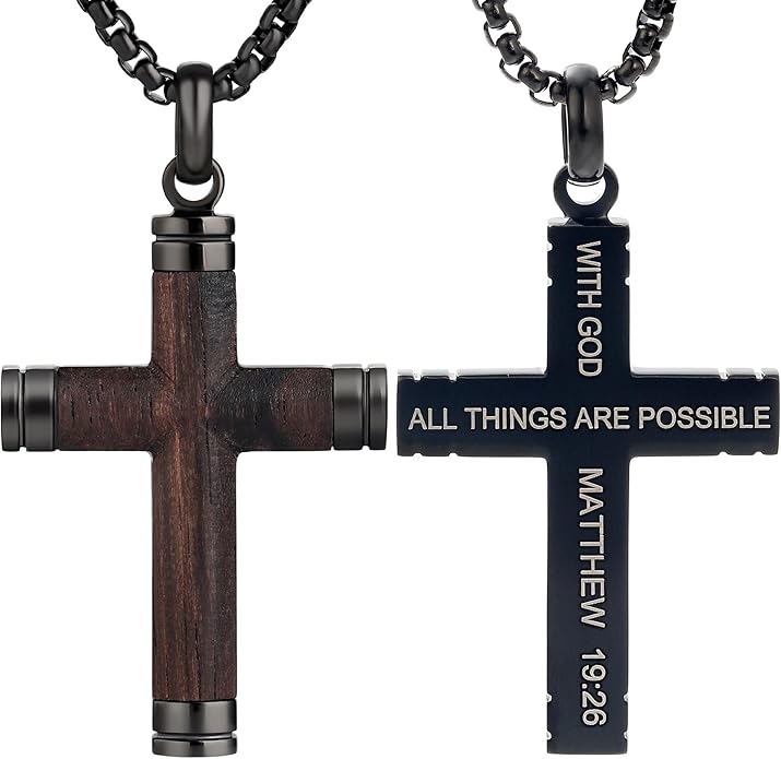 GTMJ Cross Necklace for Men -Stainless Steel & Wood Adjustable Box Chain 24-26in, Spiritual Jewelry Gift for Him, Everyday Wear