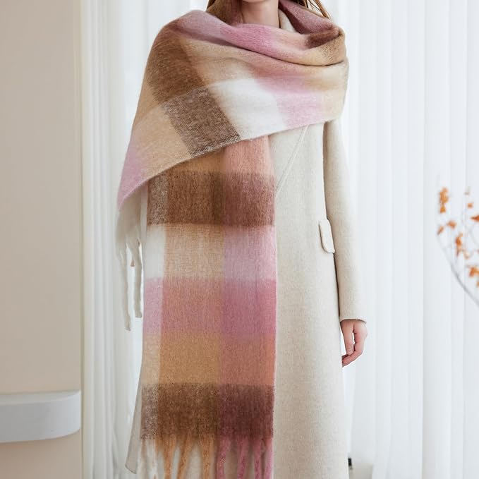 SHOHOKU Large Chunky Plaid Scarf Coloured Checked Oversized Scarf Tassel Soft Fall Winter Thick Warm Shawl Women