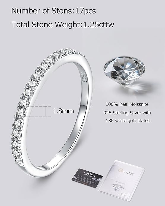 Moissanite Wedding Band Wedding Rings for Women D Color VVS1 Clarity, 925 Sterling Silver with 18K White Gold Plated Engagement Ring Anniversary Band Ideal Gift for Women Size 5~10