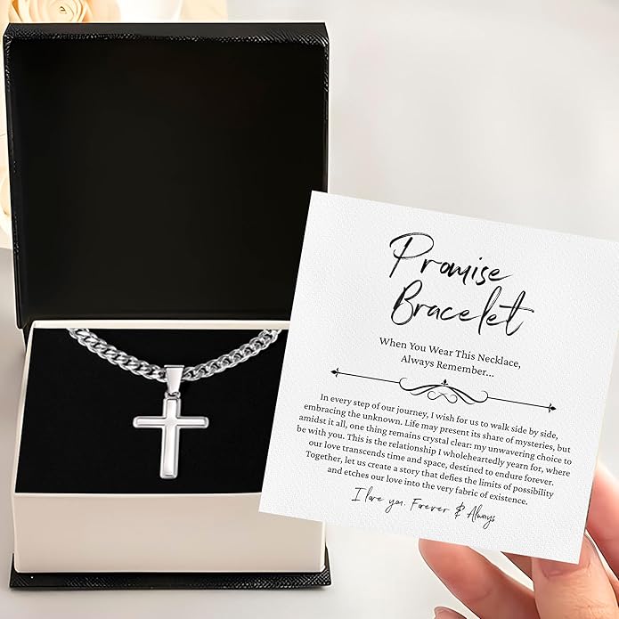 FLAGISTA Promise Cross Necklace for Him – Stainless Steel Cross Pendant with Cuban Link Chain, Meaningful Promise Gift for Husband, Boyfriend or Loved One.