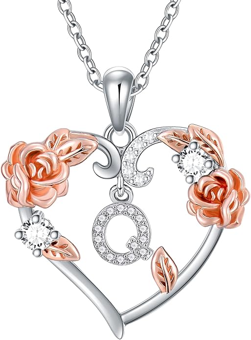 AOBOCO Rose Heart Necklaces Valentines Gifts for Women, 925 Sterling Silver Rose Love Heart Initial Letter Pendant Necklace Jewelry Mothers Day Christmas Birthday Gifts for Her Mom Wife Girlfriend