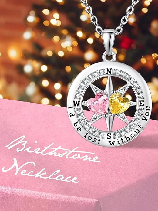 JIYVY32 Compass Birthstones Necklace for Women, Exquisite S925 Necklace Anniversary Birthday Gifts for Wife Her Double Birthstone Pendant jewelry ‘I'd be Lost Without You’