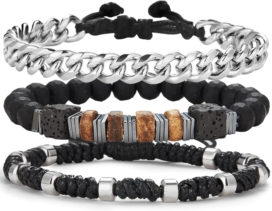 3pc Mens Beaded Bracelets Silver Stainless Steel Chain Bracelet for Men Handmade Braided Bracelet Sets Jewelry Gifts for Men