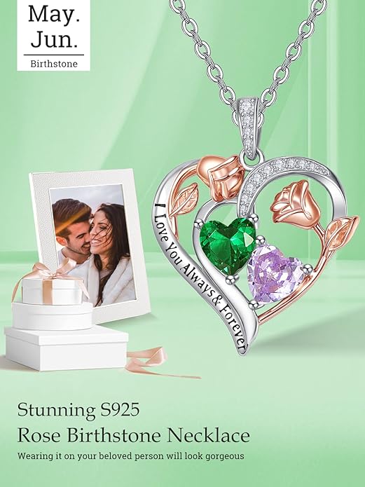 Zeuslia Double Birthstone Necklace Gifts for Wife - 925 Sterling Silver Sunflower/Rose/Crown Cross/Compass/Heart Pendant I Love You Necklace, Anniversary Birthday Gifts for Wife Girlfriend Mom Her