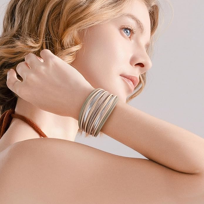 FANCY SHINY Boho Leather Wrap Bracelet Stackable Layered Bangle Cuff with Magnetic Clasp