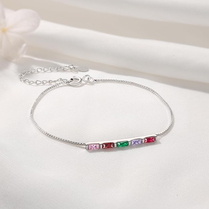 925 Sterling Silver Personalized Mom Birthstone Bracelets for Women — Custom Adjustable Dainty Jewelry for Mother’s Day, Birthday, Christmas Gifts for Mom Grandma Wife