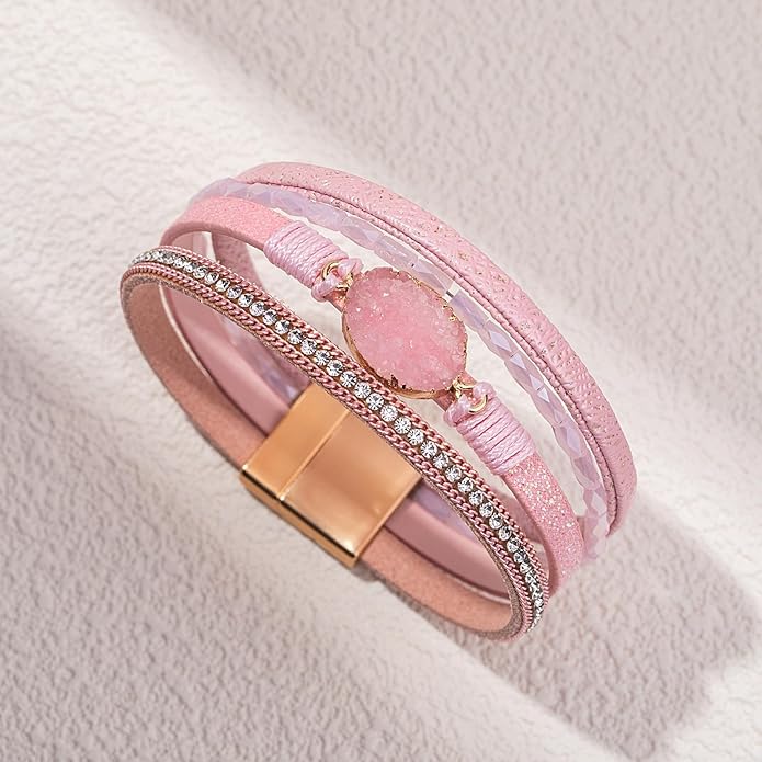 FANCY SHINY Leather Wrap Bracelet Boho Cuff Bangle Bracelets Crystal Bead Bracelet with Magnetic Clasp Jewelry Gifts for Women