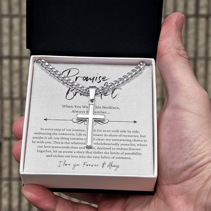 FLAGISTA Promise Cross Necklace for Him – Stainless Steel Cross Pendant with Cuban Link Chain, Meaningful Promise Gift for Husband, Boyfriend or Loved One.