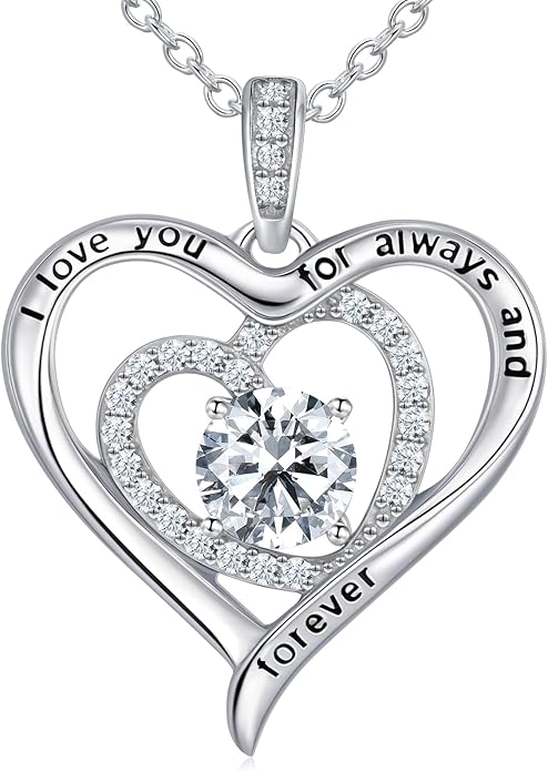 S925 Sterling Silver Necklace for Women, Christams Gift for Women, Love Heart Birthstone Necklaces for Women, Wife Jewelry, Mom Birthday Valentines Mothers Day Gifts, Girlfriend Necklaces, Daughter Heart Jewel, Anniversary for Her