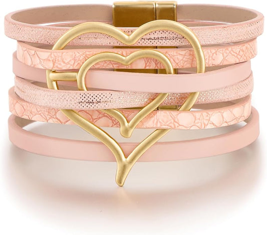 Edoneery Leather Wrap Bracelet for Women, Boho Handmade Multi-Layer Cuff with Crystal Beads Heart, Stackable Bangle Western Jewelry Gift