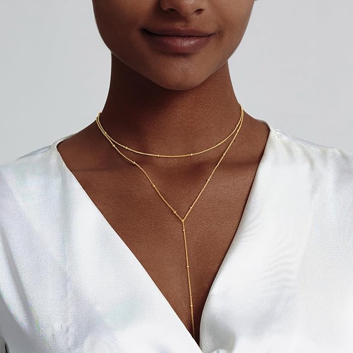 Luxval Lariat Gold Necklace for Women, Dainty Long Necklace 14k Gold Plated/Silver Y-Shaped Pendant Necklaces Trendy Beaded Chain Drop Necklaces Jewelry for Women Gifts