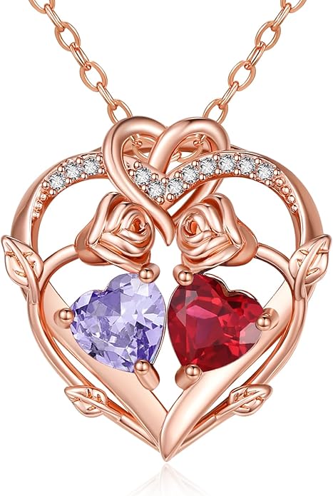 Rose Gold Necklaces for Women Double Birthstone Rose Flower Heart Pendant Necklace Jewelry Anniversary Christmas Valentine's Mother's Day Birthday Gift for Wife Mom Her Girlfriend Sister