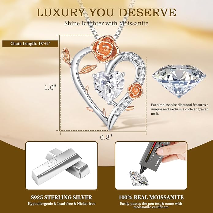 Moissanite Heart Necklaces for Women, 18K White Gold Plated 925 Sterling Silver 1-3CT Moissanite Pendant Jewelry Wedding Anniversary Birthday Christmas Gifts for Wife Mom Girlfriend Sister Grandma