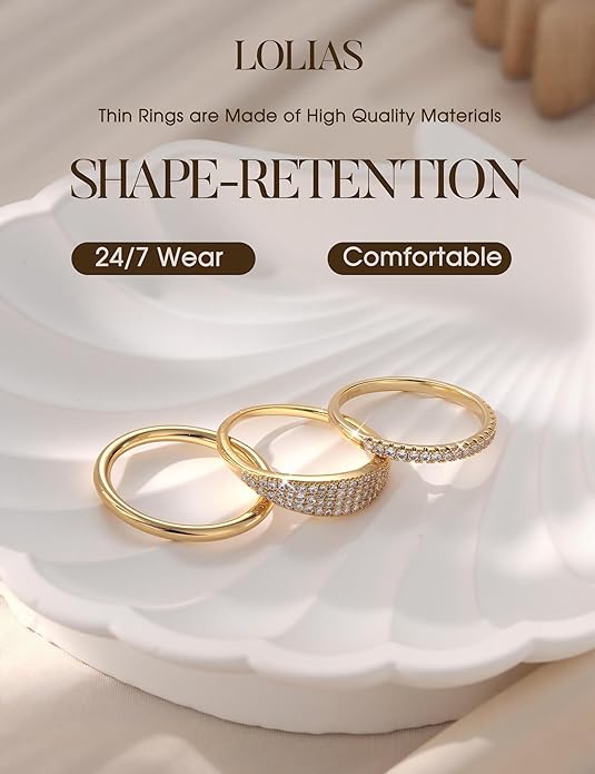 LOLIAS 14K Gold Plated Stackable Rings for Women Non Tarnish - Dainty Cubic Zirconia Wedding Bands Ring Set Minimalist Trendy Statement Engagement Promise Thumb Rings Stacking Size 5-10
