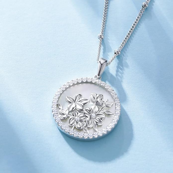 AGVANA Valentines Day Gifts Sterling Silver Birth Flower Necklace for Women Genuine Mother of Pearl CZ Round Disc Pendant Necklace Fine Jewelry Anniversary Birthday Gifts for Women Wife Mom Her