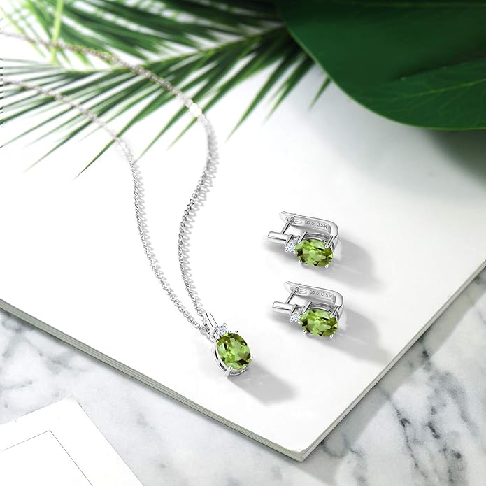 Gemstone Birthstone and White Created Sapphire Pendant and Earrings Jewelry Set for Women in 925 Sterling Silver | Oval 8X6MM and Round 2.5MM | With 18 Inch Chain | Fine Jewelry for Her Mom Women Wife