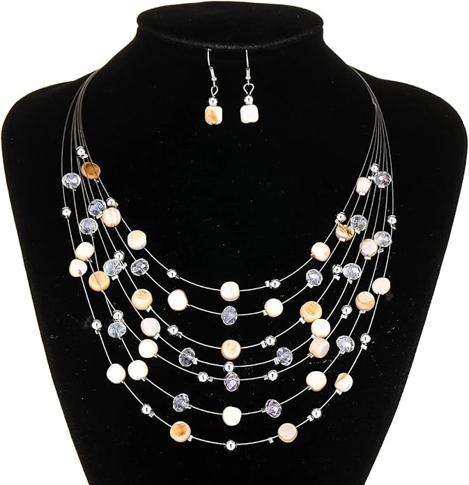 Multi-Layer Boho Shell Beaded Necklace for Women Colorful Crystal Strand with Silver Beads Statement Collars Necklace and Earrings Costumes Jewelry Sets for Women