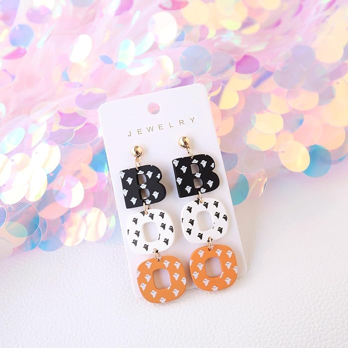 Halloween BOO Ghost Skull Earrings for Women, Gothic Dark Bat Dangle Earrings,Retro Acrylic Cute Lightweight Drop Dangle Earring Jewelry Gifts, Holiday Festive Cosplay Party Decorations Accessories