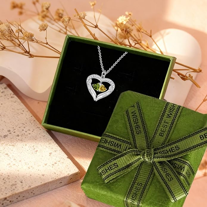 JOBFLY S925 Sterling Silver Customized 2 Birthstone Heart Necklace with 2 Name Engraved Personalized Mother Daughter Necklace Couple Jewelry Christmas Birthday Gift