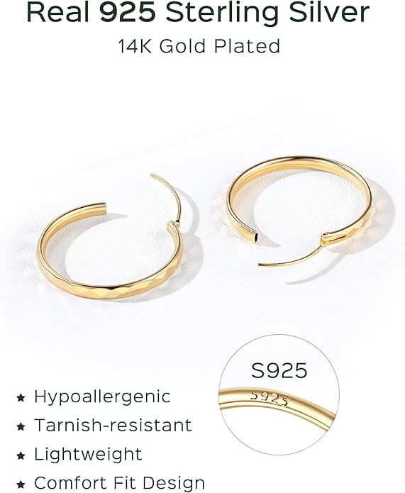 ChicSilver Hypoallergenic 925 Sterling Silver Hoop Earrings for Women, Lightweight Large Gold Plated Hoop Earrings, Endless Hoops Huggie Earrings 15/20/30/50/70MM
