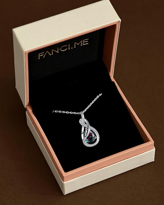 FANCIME TimelessTie Birthstone Necklace for Women White Gold Plated Sterling Silver Ribbon Design Jewelry Knot Pendant Fine Jewelry Gemstone Birthday Graduation Anniversary Christmas Gifts for Women Wife Mother Her