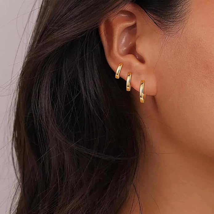 Gacimy 3 Pairs Small Gold Huggie Hoop Earrings Set, 14K Gold Plated Hypoallergenic Huggies for Women, Multiple Piercings