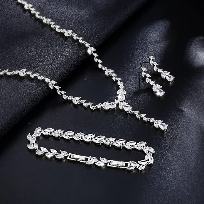MEEDOZ Bridal Wedding Jewelry CZ Set Marquise Teardrop Cubic Zirconia Pendant Necklace and Dangle Earring Bracelet Sets for Women