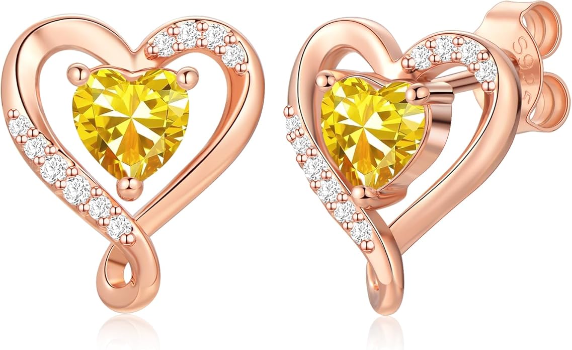 Earrings for Women, S925 Sterling Silver Rose Gold Birthstone Heart Studs Earring for Girlfriend Wife, Anniversary Birthday Christmas Valentines Mothers Day Gifts Jewelry for Women Wife Her Mom