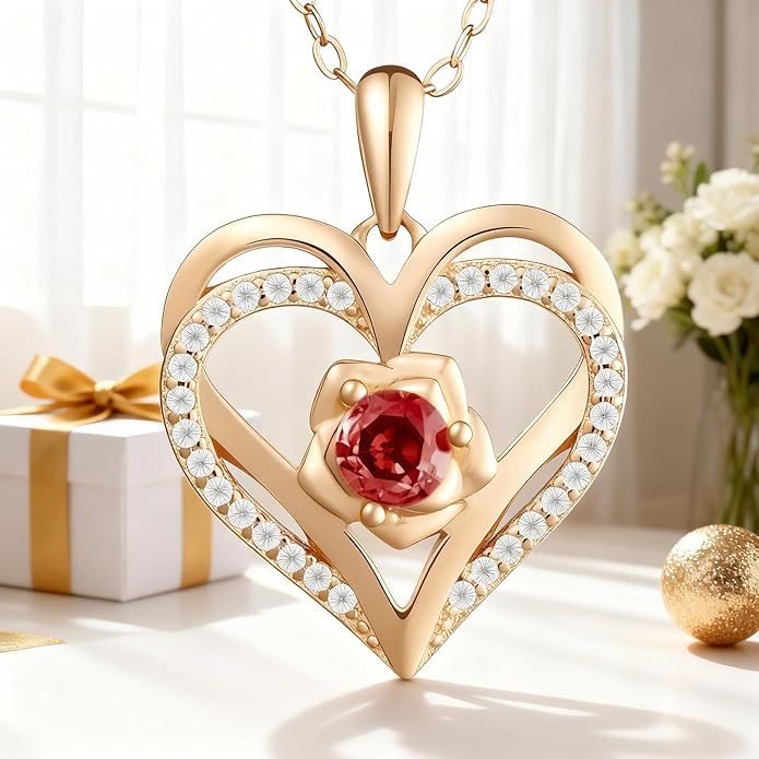 Birthstone Pendant Necklace for Women, Heart Jewelry with Rose Flower Birthday Gift Idea for Wife Girlfriend Mom Friendship on Valentine‘s Day Anniversary Christmas Wedding, 925 Sterling Silver