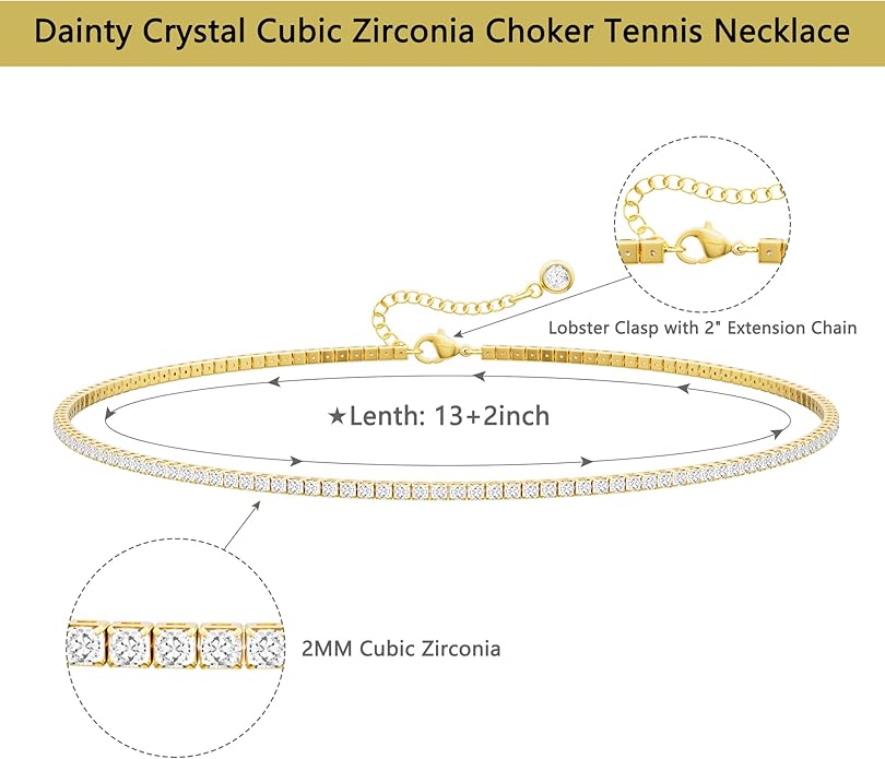 Tennis Necklace for Women, 14K Gold/Silver Plated Rhinestone Choker Necklaces for Women, Dainty Cubic Zirconia Cut Faux Diamond Chain