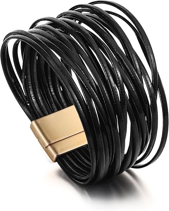 Edoneery Leather Wrap Bracelet for Women, Boho Handmade Multi-Layer Cuff with Crystal Beads Heart, Stackable Bangle Western Jewelry Gift