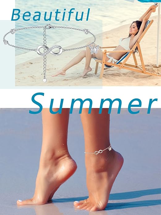 Moissanite Infinity Anklet for Women, Real Authentic 925 Sterling Silver Hypoallergenic, Beautiful Summer Jewelry, Dainty Ankle Bracelet, 8.6-10.6inch (21-26cm) Adjustable
