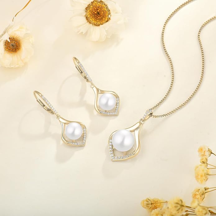 Pearl Jewelry Set for Women 18K Yellow-Plated Earrings & Necklace Silver Jewelry Gifts