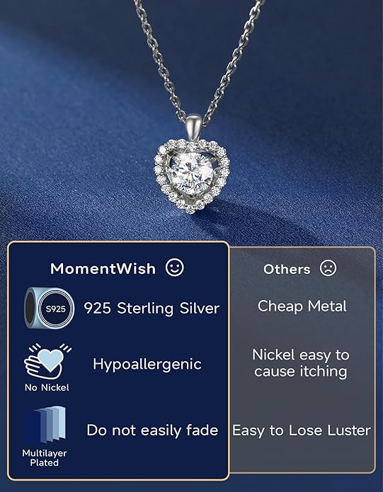 MomentWish Necklace for Women, Sparkling Gift for Her, 1Carat Moissanite Heart Pendent for Her, 925 Sterling Silver Dance Necklace for Anniversary Christmas Valentines