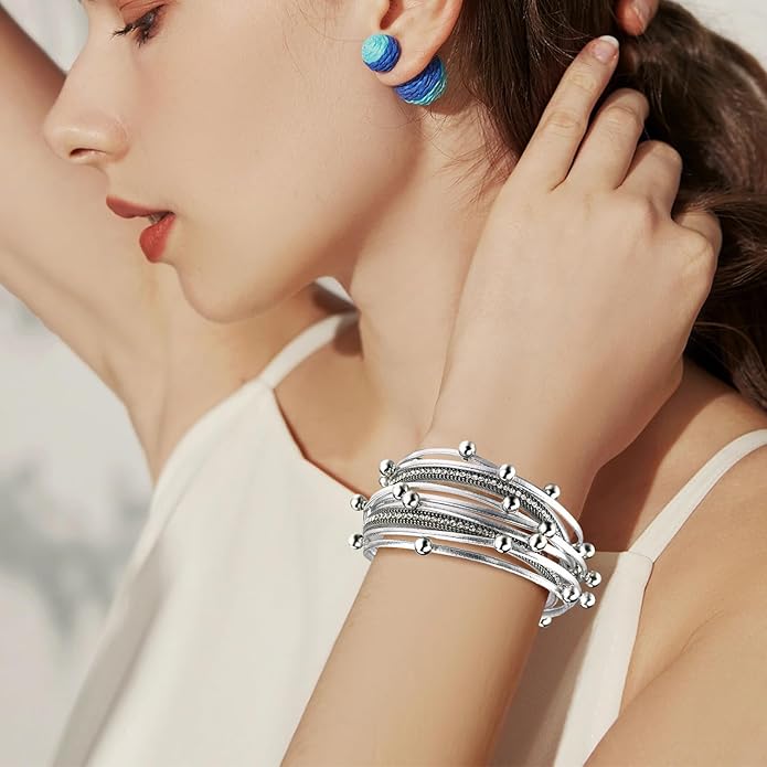 ENGCKSHI Wrapped Bracelets for Women,Leather Bracelet,Boho Bracelets for Women,Multi-Layer Pearl Crystal Bracelet Bangle Jewelry