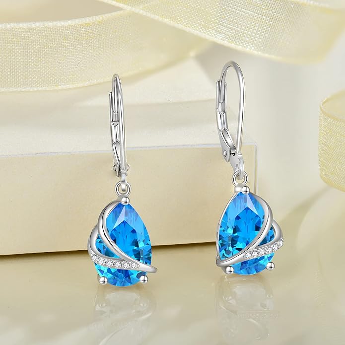 Birthstone Dangle Drop Earrings for Women 925 Sterling Silver Teardrop Leverback Earrings Jewelry Gifts for Wife Mother Her