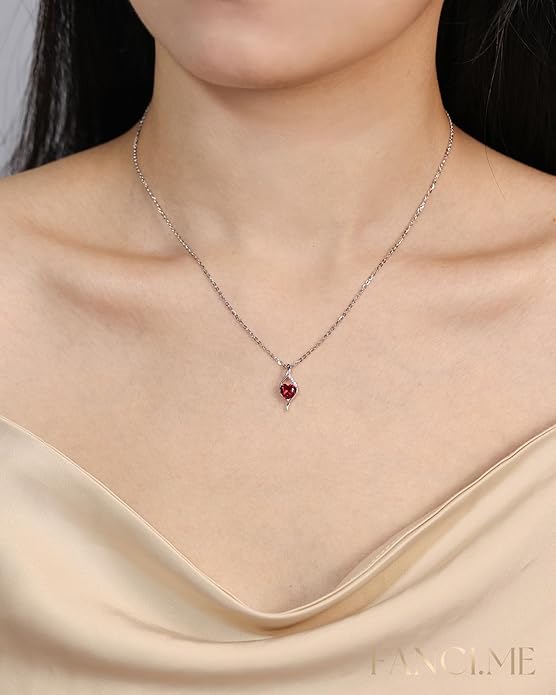 FANCIME 14K Solid White Gold Birthstone Necklace Genuine or Created 6mm Heart Gemstone Pendant with Lab Grow Diamonds Sterling Silver Chain Fine Jewelry Anniversary Birthday Gifts for Women 16" + 2"