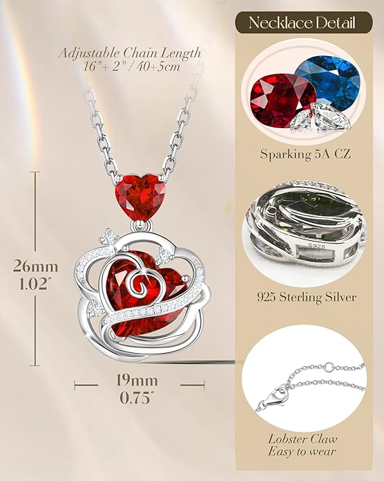 FANCIME Thornless Pulse Birthstone Necklace for Women Sterling Silver Rose Pendant Fine Jewelry Gemstone Birthday Valentines Day Gifts for Wife Her