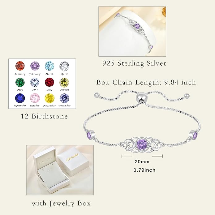 Infinity Celtic Knot Bracelet 925 Sterling Silver Birthstone Bracelet Irish Jewelry for Women