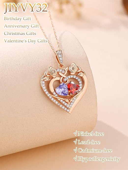 JIYVY32 Rose Heart Necklace for Women Exquisite 925 Sterling Silver Anniversary Birthday Gifts for Wife Mom Her Double Birthstone Pendant Jewelry